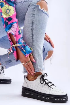 Damskie buty S.Barski Sneakersy Damskie*Skórzane Ażurowe Buty Sportowe Białe Leonor