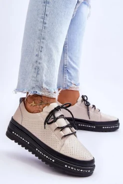 Hot Damskie buty S.Barski Skórzane Ażurowe Buty Sportowe Beżowe Leonor