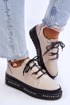 Hot Damskie buty S.Barski Skórzane Ażurowe Buty Sportowe Beżowe Leonor