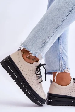 Hot Damskie buty S.Barski Skórzane Ażurowe Buty Sportowe Beżowe Leonor