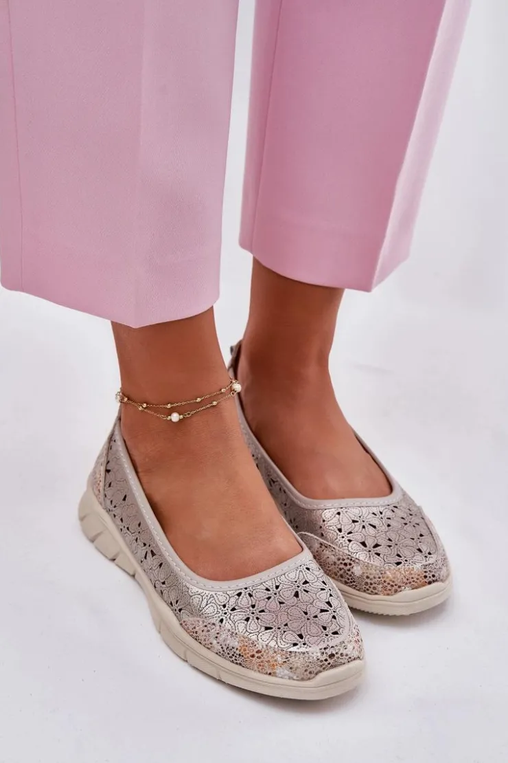Evento Baleriny Skórzane|Baleriny Klasyczne*Skórzane Ażurowe Lekkie Baleriny Złote Leaneila