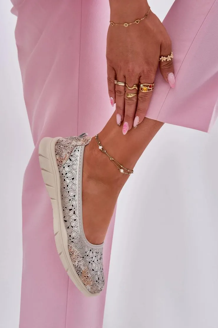 Evento Baleriny Skórzane|Baleriny Klasyczne*Skórzane Ażurowe Lekkie Baleriny Złote Leaneila