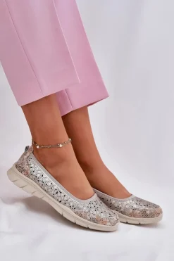 Evento Baleriny Skórzane|Baleriny Klasyczne*Skórzane Ażurowe Lekkie Baleriny Złote Leaneila