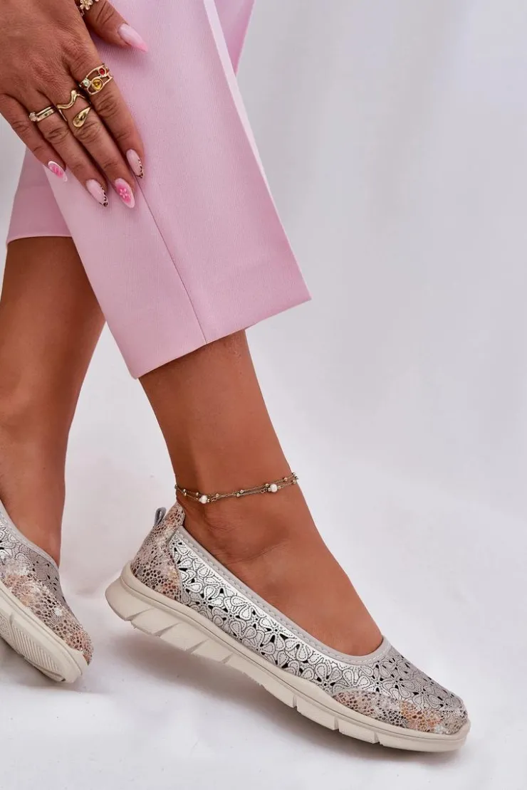 Evento Baleriny Skórzane|Baleriny Klasyczne*Skórzane Ażurowe Lekkie Baleriny Złote Leaneila