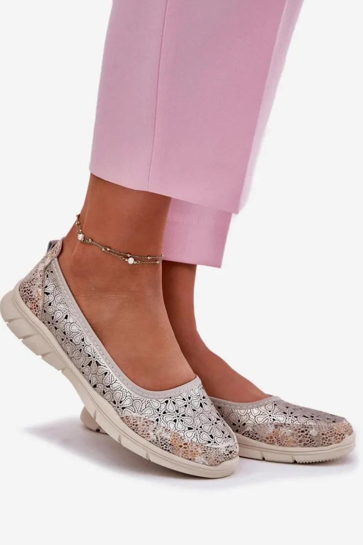 Evento Baleriny Skórzane|Baleriny Klasyczne*Skórzane Ażurowe Lekkie Baleriny Złote Leaneila