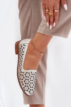 Online Damskie buty S.Barski Skórzane Ażurowe Mokasyny Damskie S.Barski LR51-646 Złote