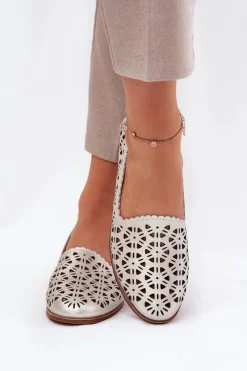 Online Damskie buty S.Barski Skórzane Ażurowe Mokasyny Damskie S.Barski LR51-646 Złote