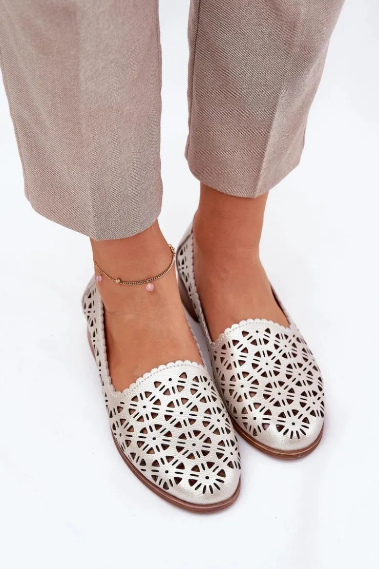 Online Damskie buty S.Barski Skórzane Ażurowe Mokasyny Damskie S.Barski LR51-646 Złote