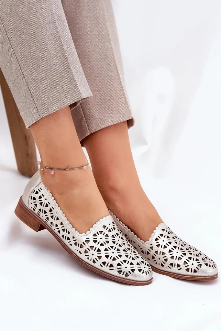 Online Damskie buty S.Barski Skórzane Ażurowe Mokasyny Damskie S.Barski LR51-646 Złote