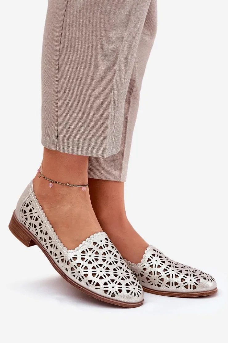 Online Damskie buty S.Barski Skórzane Ażurowe Mokasyny Damskie S.Barski LR51-646 Złote