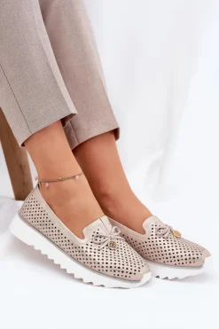 Clearance Damskie buty S.Barski Skórzane Ażurowe Półbuty Damskie Z Naturalnej Skóry D&A LR51-631 Złote Złoty