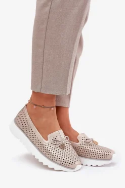 Clearance Damskie buty S.Barski Skórzane Ażurowe Półbuty Damskie Z Naturalnej Skóry D&A LR51-631 Złote Złoty