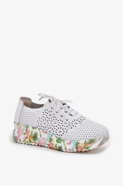 Damskie Artiker Skórzane Ażurowe Półbuty Damskie Na Koturnie 56C1532 Białe