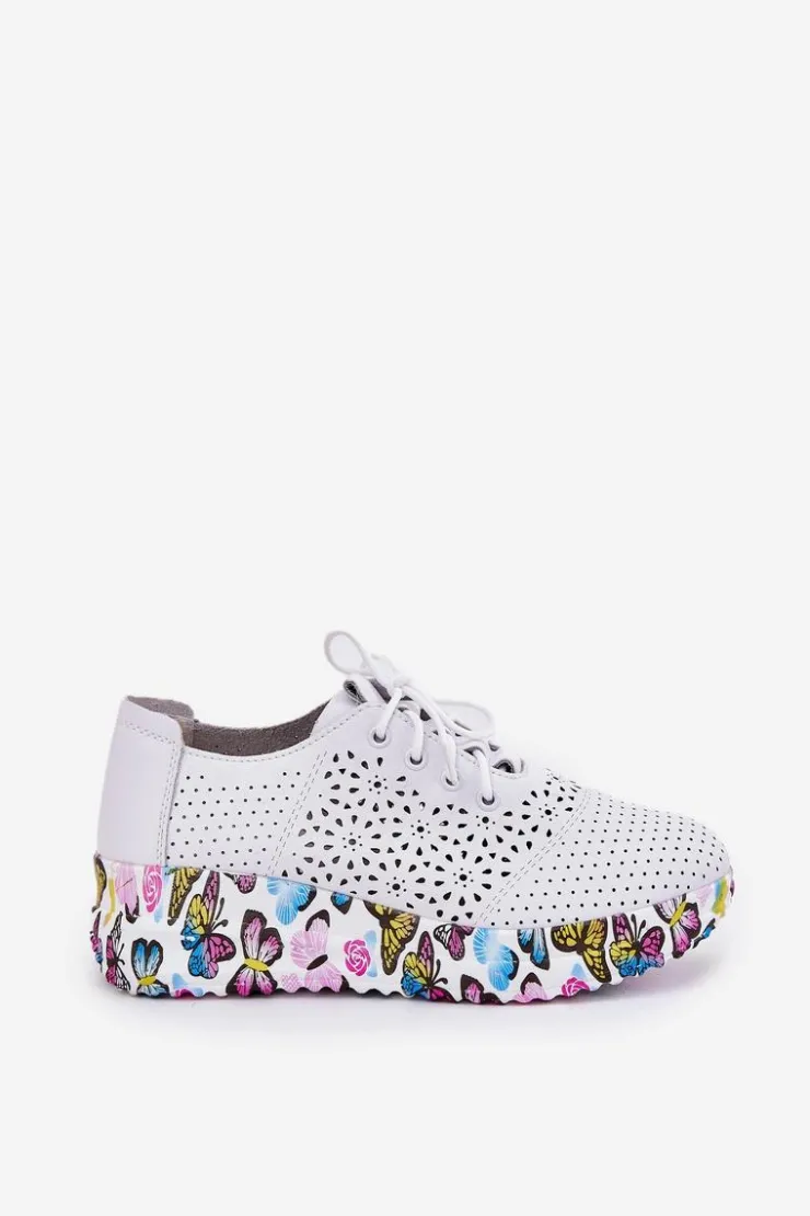 Artiker Skórzane Ażurowe Półbuty Damskie Na Koturnie Motyle 56C1618 Białe
