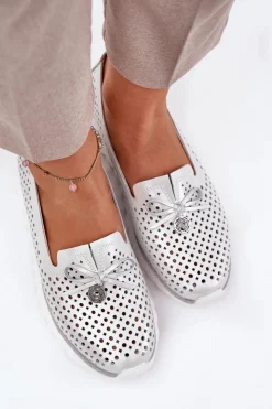 Damskie Damskie buty S.Barski Skórzane Ażurowe Półbuty Damskie Z Naturalnej Skóry D&A LR51-631 Srebrne