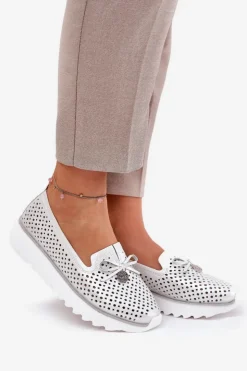 Damskie Damskie buty S.Barski Skórzane Ażurowe Półbuty Damskie Z Naturalnej Skóry D&A LR51-631 Srebrne