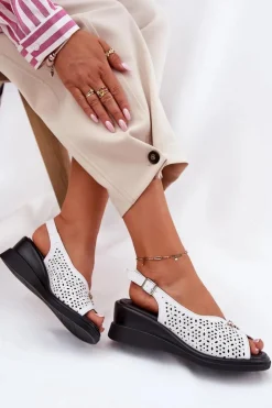 New Buty damskie Vinceza Skórzane Ażurowe Sandały Damskie Na Koturnie Vinceza 79529 Białe Biały