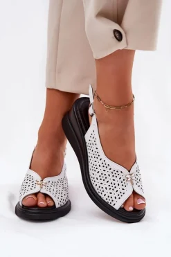 New Buty damskie Vinceza Skórzane Ażurowe Sandały Damskie Na Koturnie Vinceza 79529 Białe Biały