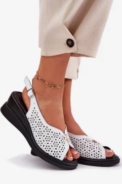 New Buty damskie Vinceza Skórzane Ażurowe Sandały Damskie Na Koturnie Vinceza 79529 Białe Biały