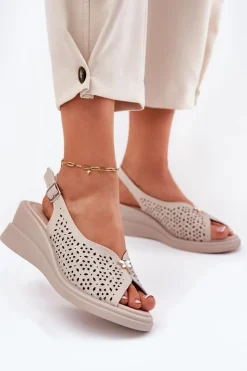 Damskie Buty damskie Vinceza Skórzane Ażurowe Sandały Damskie Na Koturnie Vinceza 79529 Beżowe