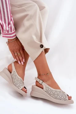 Damskie Buty damskie Vinceza Skórzane Ażurowe Sandały Damskie Na Koturnie Vinceza 79529 Beżowe