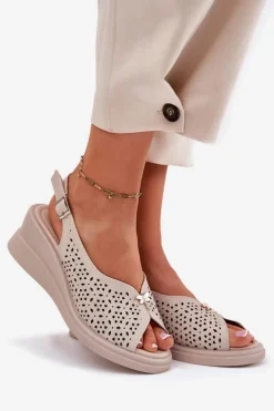 Damskie Buty damskie Vinceza Skórzane Ażurowe Sandały Damskie Na Koturnie Vinceza 79529 Beżowe