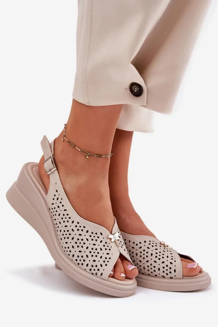 Damskie Buty damskie Vinceza Skórzane Ażurowe Sandały Damskie Na Koturnie Vinceza 79529 Beżowe
