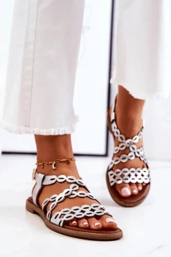 Damskie Boto Skórzane Ażurowe Sandały Lewski 3022 Srebrne