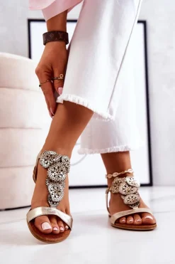 Damskie Boto Skórzane Ażurowe Sandały Lewski 3049 Złote