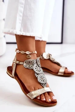 Damskie Boto Skórzane Ażurowe Sandały Lewski 3049 Złote