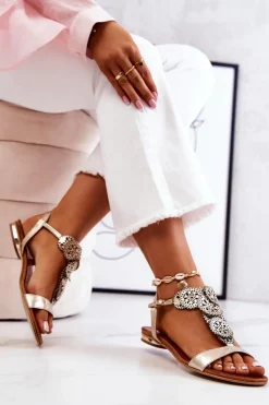 Damskie Boto Skórzane Ażurowe Sandały Lewski 3049 Złote