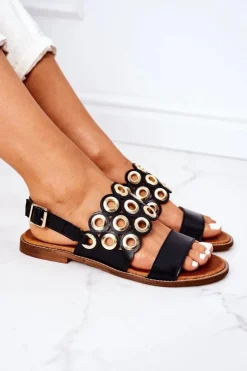 Damskie Boto Skórzane Ażurowe Sandały Lewski Shoes 3042 Czarne