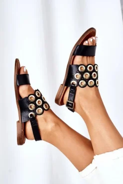 Damskie Boto Skórzane Ażurowe Sandały Lewski Shoes 3042 Czarne