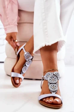 Boto Sandały Ażurowe|Sandały Płaskie*Skórzane Ażurowe Sandały Lewski Perłowe 3049 Niebieskie