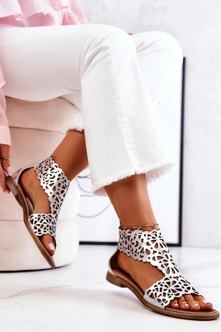 Sale Boto Skórzane Ażurowe Sandały Lewski 2699/2 Srebrne