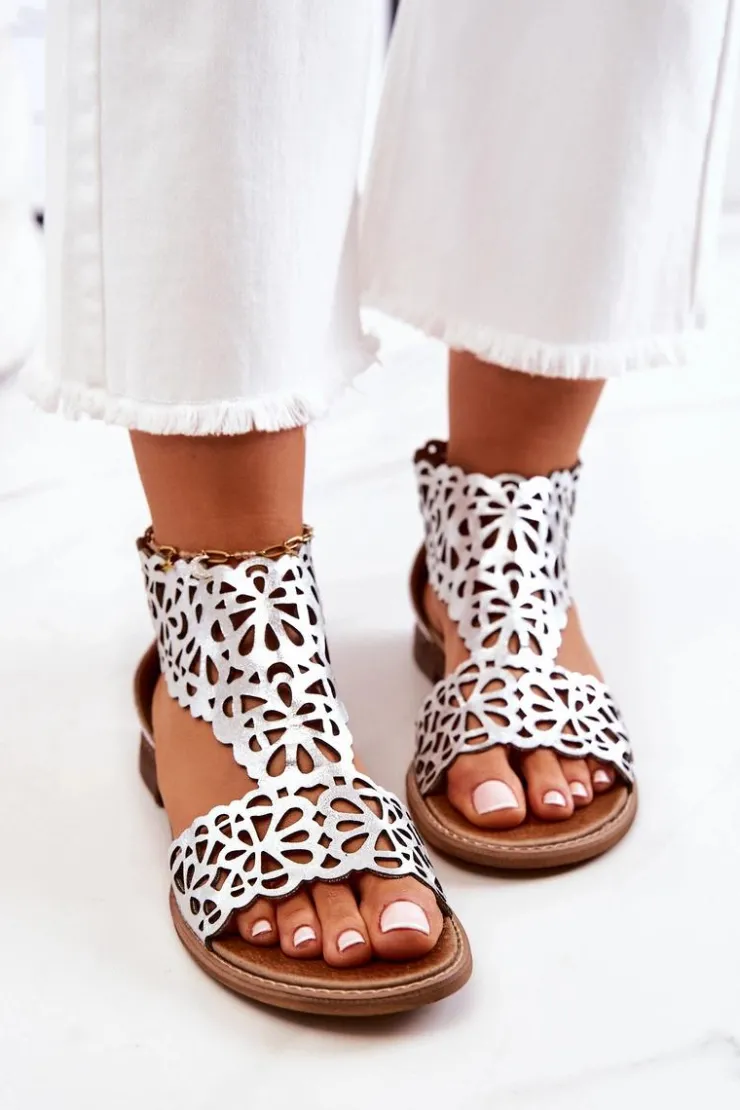 Sale Boto Skórzane Ażurowe Sandały Lewski 2699/2 Srebrne