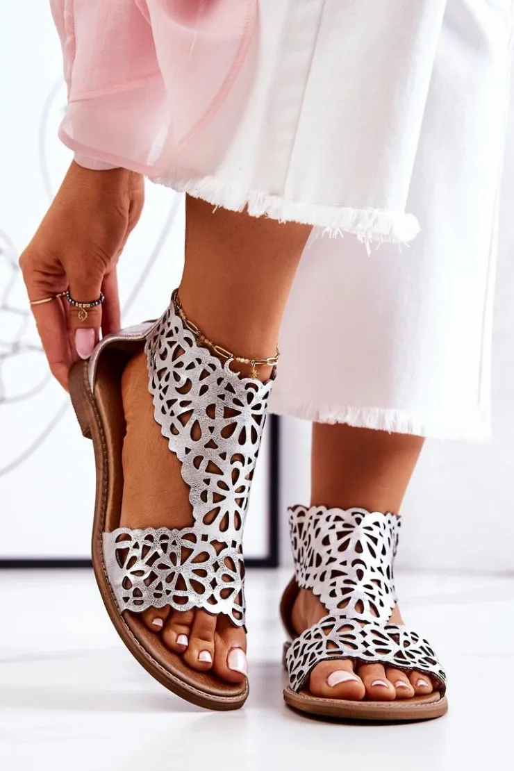 Sale Boto Skórzane Ażurowe Sandały Lewski 2699/2 Srebrne