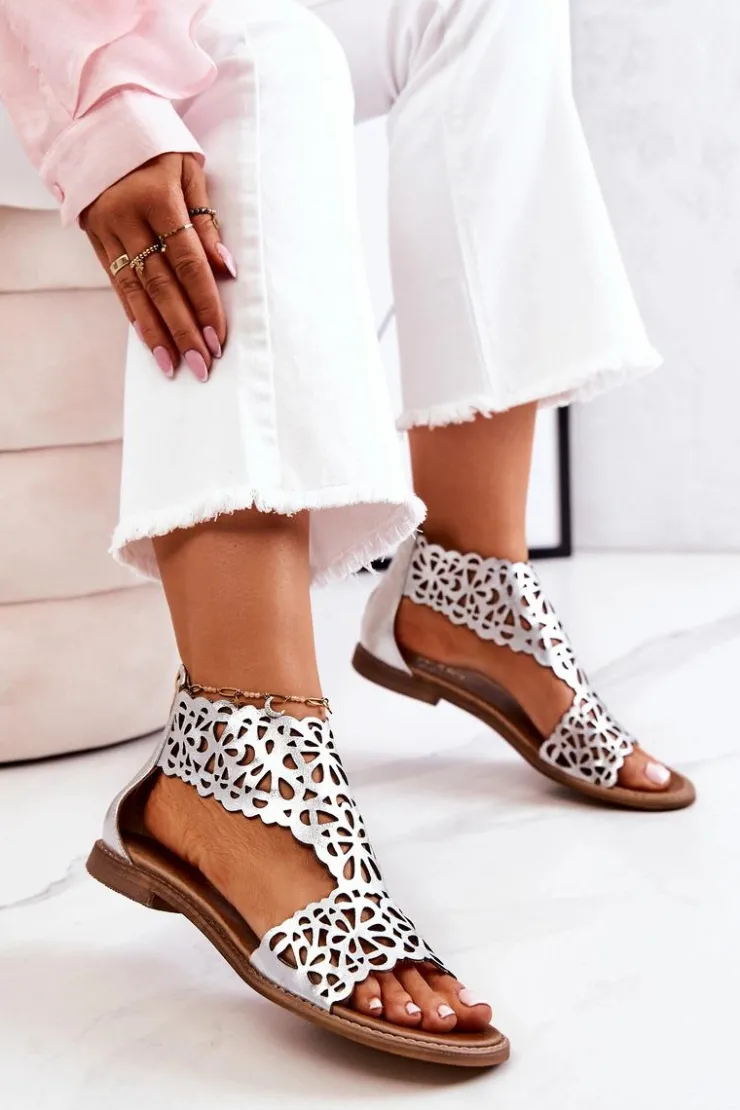 Sale Boto Skórzane Ażurowe Sandały Lewski 2699/2 Srebrne