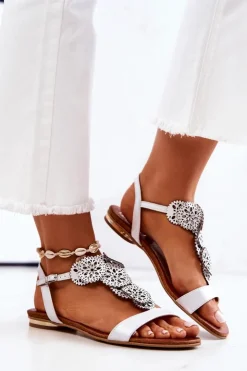 Online Boto Skórzane Ażurowe Sandały Lewski Perłowe 3049 Białe