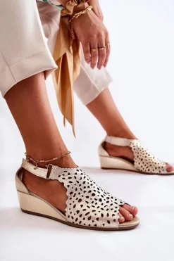 Damskie Boto Skórzane Ażurowe Sandały Na Koturnie Złote Sellena