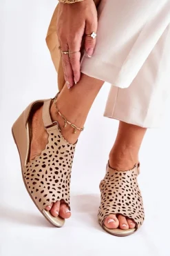 Boto Sandały Ażurowe|Sandały Na Koturnie*Skórzane Ażurowe Sandały Na Koturnie Beżowe Sellena