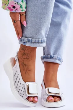 Damskie buty S.Barski Sandały Ażurowe|Sandały Na Obcasie*Skórzane Ażurowe Sandały S.Barski BN291 Białe