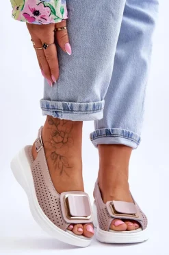 Discount Damskie buty S.Barski Skórzane Ażurowe Sandały S.Barski BN291 Różowe