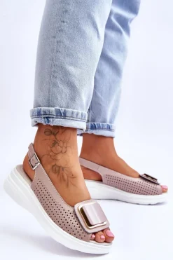 Discount Damskie buty S.Barski Skórzane Ażurowe Sandały S.Barski BN291 Różowe