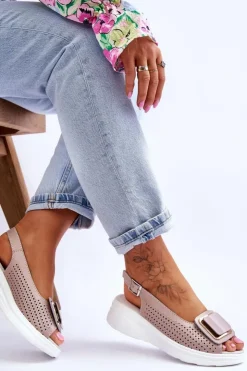 Discount Damskie buty S.Barski Skórzane Ażurowe Sandały S.Barski BN291 Różowe