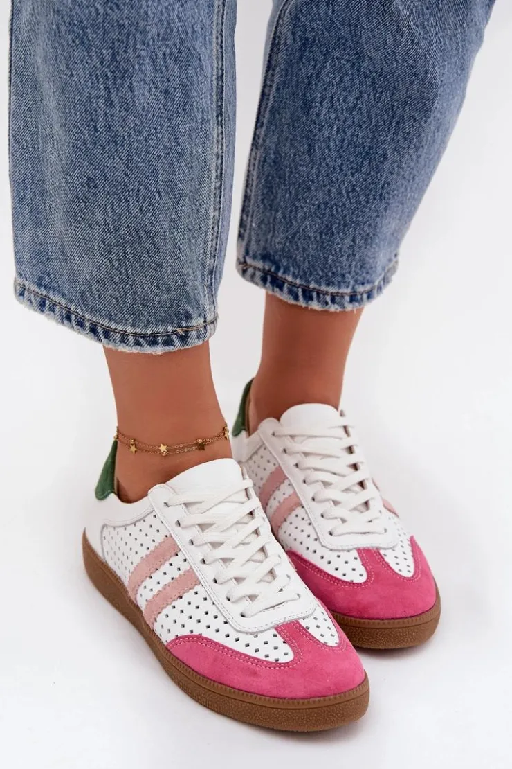 Discount Zazoo Skórzane Ażurowe Sneakersy Damskie N1318 Biało-Różowe