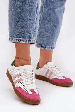 Discount Zazoo Skórzane Ażurowe Sneakersy Damskie N1318 Biało-Różowe