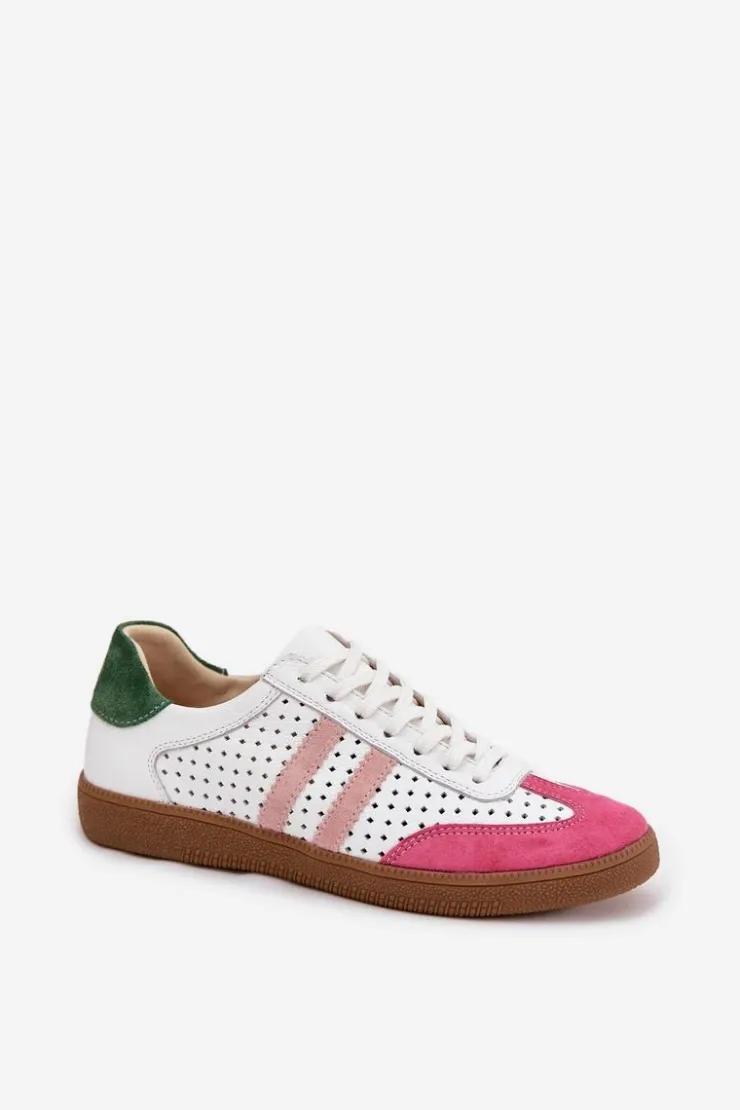 Discount Zazoo Skórzane Ażurowe Sneakersy Damskie N1318 Biało-Różowe
