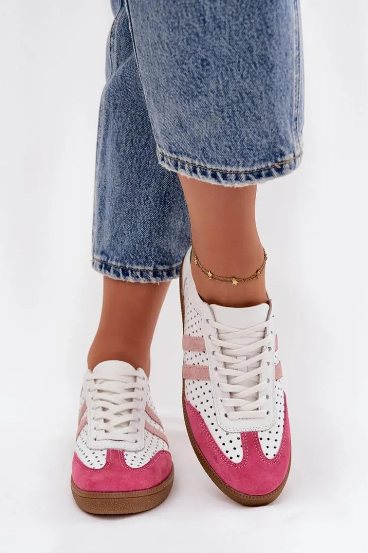 Discount Zazoo Skórzane Ażurowe Sneakersy Damskie N1318 Biało-Różowe