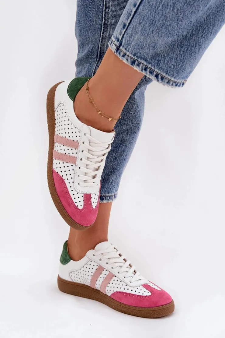 Discount Zazoo Skórzane Ażurowe Sneakersy Damskie N1318 Biało-Różowe